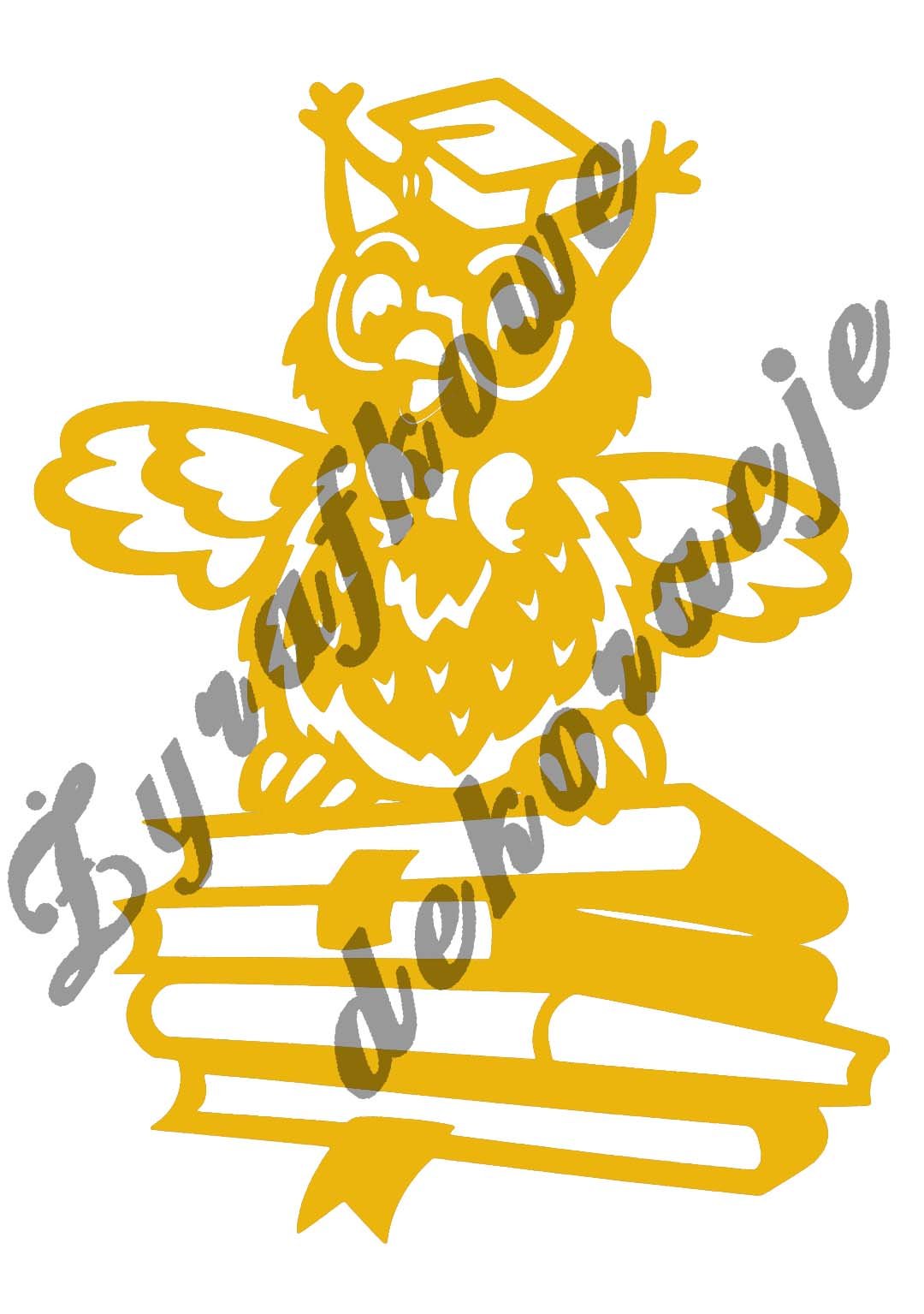 sowa z biretem na książkach żółta