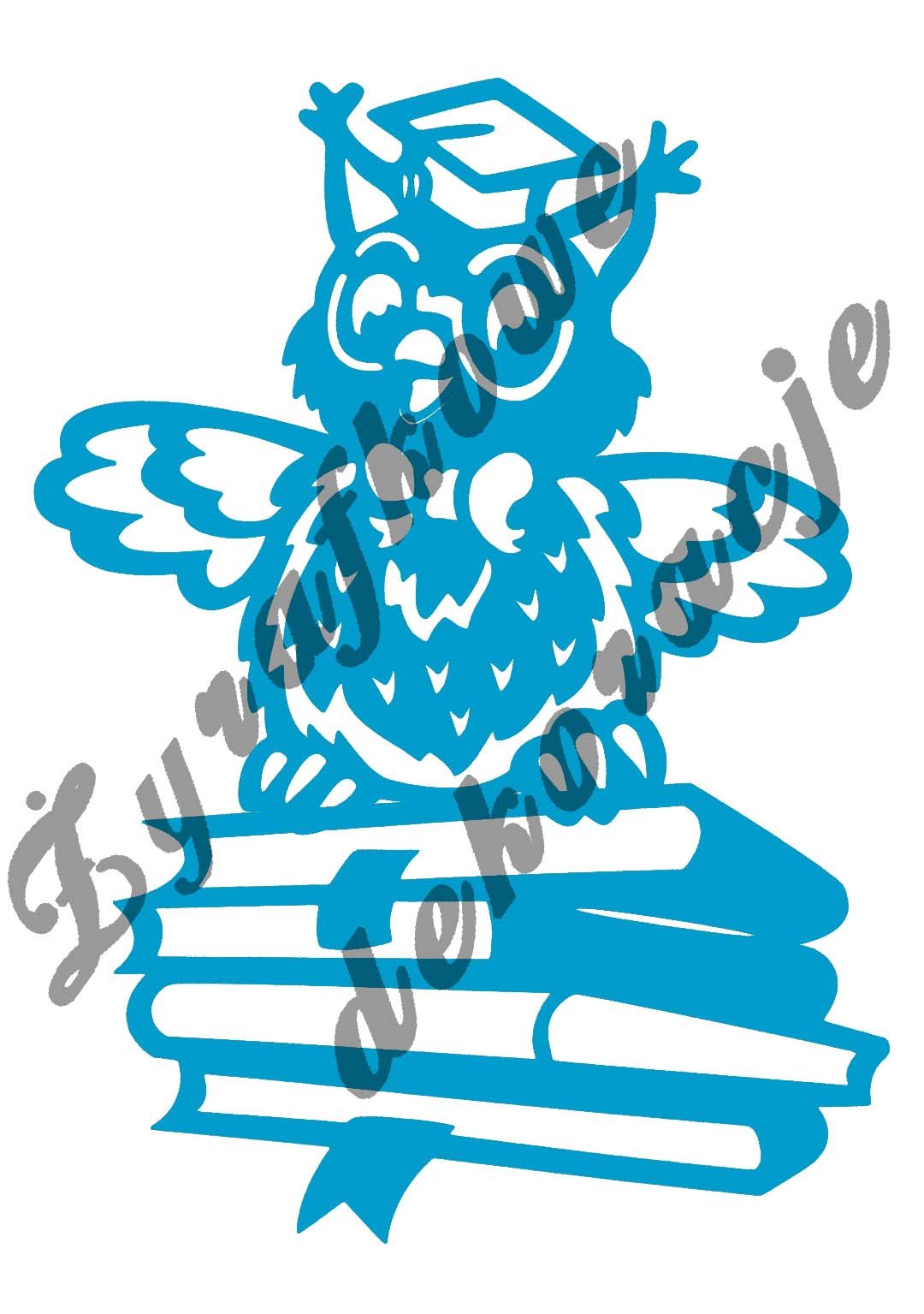 sowa z biretem na książkach niebieska