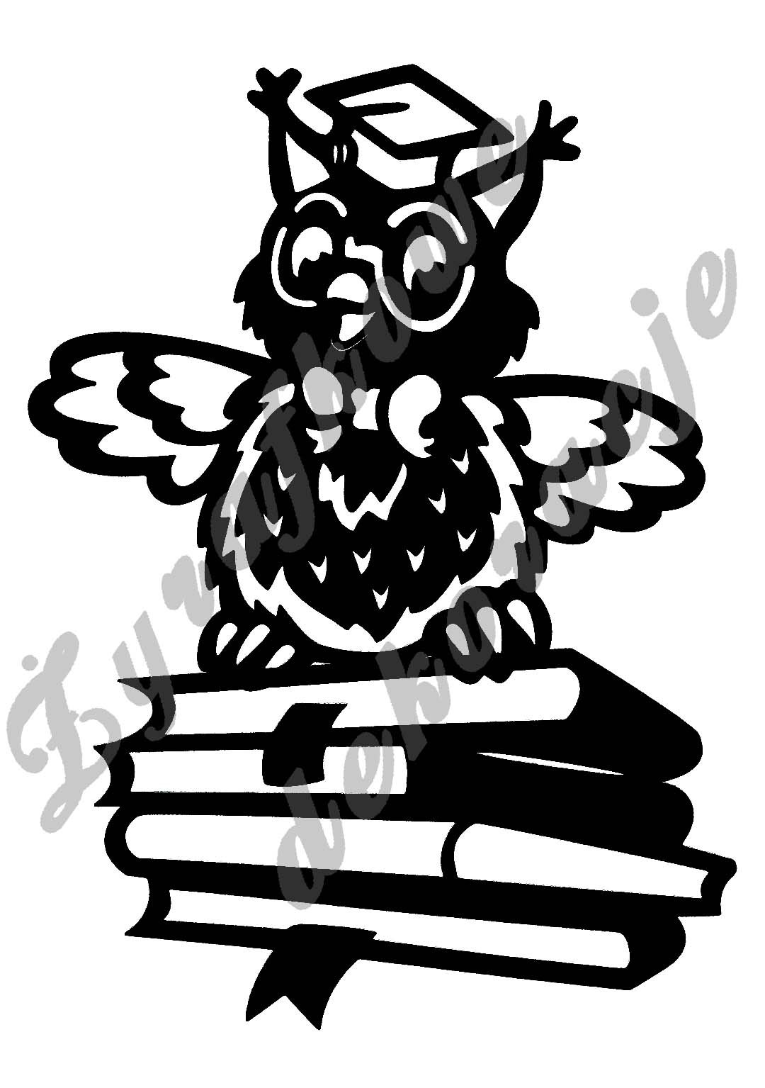 sowa z biretem na książkach czarna